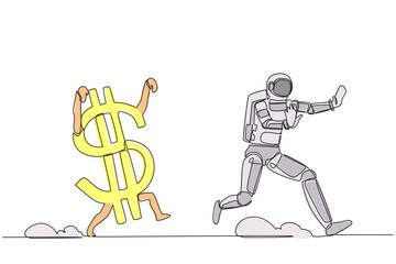 Poster - Single continuous line drawing astronaut being chased by dollar symbol. Afraid with economic or financial crisis in spaceship company. Cosmonaut deep space. One line graphic design vector illustration