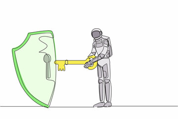 Poster - Single continuous line drawing of young astronaut put key into shield. Internet security and data protection in spaceship exploration. Cosmonaut deep space. One line design vector graphic illustration
