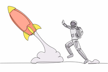 Poster - continuous one line drawing young astronaut run chasing rocket take off in moon surface. left behind