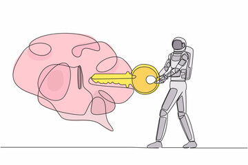 Poster - Continuous one line drawing young astronaut putting key into brain in moon surface. Unlock spaceman personality for better healthy. Cosmonaut outer space. Single line draw design vector illustration