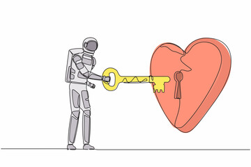 Poster - Single one line drawing young astronaut putting key into heart in moon surface. Spaceman love to galactic or planet exploration. Cosmic galaxy space. Continuous line graphic design vector illustration