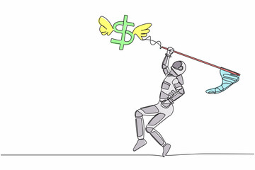 Poster - Single continuous line drawing astronaut try to catching flying dollar sign symbol with butterfly net. Economic crisis impacted space company. Cosmonaut deep space. One line design vector illustration