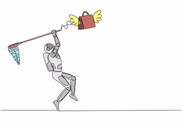 Poster - Continuous one line draw young astronaut try to catching flying shopping bag with butterfly net. Spacesuit fashion for spaceman. Cosmonaut outer space. Single line graphic design vector illustration