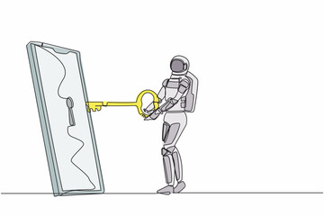 Poster - Continuous one line drawing young astronaut put key into smartphone. Data privacy for space company from hacker. Password security. Cosmonaut outer space. Single line draw design vector illustration