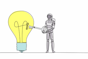 Poster - Single one line drawing astronaut put big key into light bulb. Unlock innovation on spaceship business idea. Future technology. Cosmic galaxy space. Continuous line graphic design vector illustration