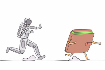 Poster - Continuous one line drawing of young astronaut run chasing wallet in moon surface. Digital wallet managed by satellite technology. Cosmonaut outer space. Single line graphic design vector illustration