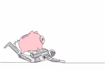 Poster - Single one line drawing young astronaut under heavy piggy bank burden in moon surface. Broke and financial problems in space industry. Cosmic galaxy space. Continuous line design vector illustration