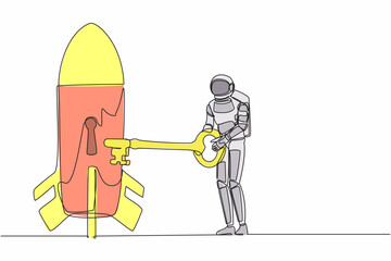 Poster - Single continuous line drawing young astronaut putting key into rocket. Launching satellite or spaceship galactic expedition. Cosmonaut deep space concept. One line design vector graphic illustration
