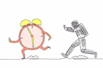 Poster - Continuous one line drawing of young astronaut run chasing alarm clock in moon surface. Space shuttle launch deadline management. Cosmonaut outer space. Single line graphic design vector illustration