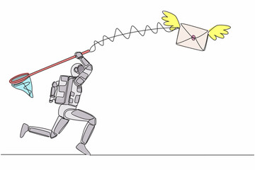 Poster - Continuous one line drawing of young astronaut try to catching flying mail with butterfly net. Message from spaceship exploration. Cosmonaut outer space. Single line graphic design vector illustration