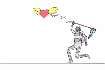 Poster - Single continuous line drawing young astronaut try to catching flying heart with butterfly net. Love relationship with space expedition. Cosmonaut deep space. One line draw design vector illustration