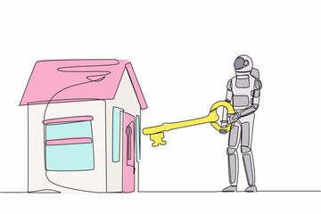 Poster - Continuous one line drawing astronaut putting big key into house. Investing money in real estate. Property mortgage in outer planet. Cosmonaut outer space. Single line draw design vector illustration