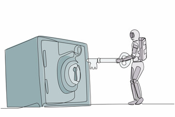 Poster - Single continuous line drawing young astronaut putting big key into safety deposit box. Money, gold, securities protection for space company. Cosmonaut deep space. One line design vector illustration