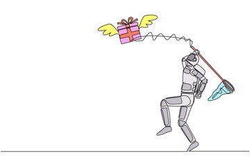 Poster - Continuous one line drawing young astronaut try to catching flying gift box with butterfly net. Winged package from other galaxy. Cosmonaut outer space. Single line graphic design vector illustration