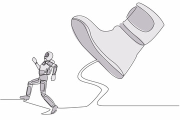Poster - continuous one line drawing young astronaut run away from stomping foot. spaceman oppressed by boss 
