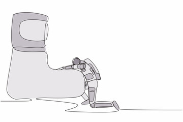Poster - Single one line drawing young astronaut kneeling a giant foot or shoe. Spaceman apologize to boss. Future technology development. Cosmic galaxy space. Continuous line draw design vector illustration