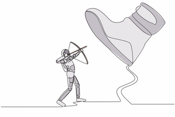 Poster - Single one line drawing young astronaut aiming bow against giant shoes stomping. Spaceman archery against giant foot step. Cosmic galaxy space concept. Continuous line draw design vector illustration