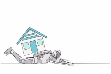 Poster - Single continuous line drawing young astronaut under heavy house burden. Financial mortgage problem, taxes expenses in space company. Cosmonaut deep space. One line design vector graphic illustration