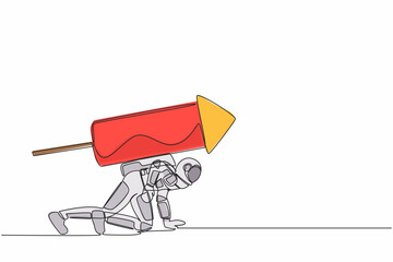 Poster - Continuous one line drawing young astronaut with rocket on back stand on start ready for spaceship expedition race. Cosmonaut outer space concept. Single line draw graphic design vector illustration