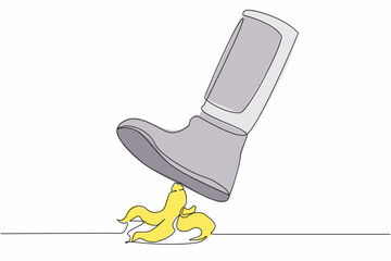 Poster - Continuous one line drawing young astronaut leg step on banana peel. Imminent danger, banana peel underfoot. Science risk concept. Cosmonaut outer space. Single line graphic design vector illustration