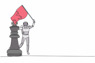 Poster - Single one line drawing young astronaut waving flag on king chess piece metaphor of win competition. Future spaceship development. Cosmic galaxy space. Continuous line draw design vector illustration