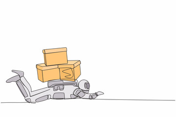 Poster - Single one line drawing of young astronaut under heavy pile of box burden in moon surface. Overworked spaceman with stack of cardboard. Cosmic galaxy space. Continuous line design vector illustration