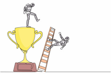 Poster - Single one line drawing of young astronaut kicking to make his rival falling down from the top ladder trophy of success in moon surface. Cosmic galaxy space. Continuous line design vector illustration
