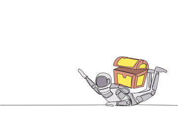 Poster - Single continuous line drawing young astronaut under heavy treasure chest burden. Trouble searching for treasure in outer space. Cosmonaut deep space. One line draw design vector graphic illustration