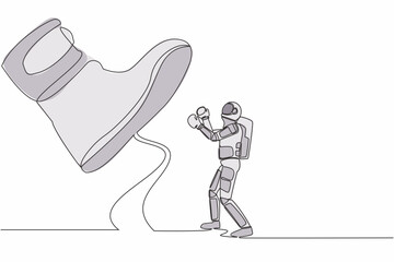 Poster - Single continuous line drawing young astronaut punching uppercut under big foot stomp. Spaceman against authoritarian or anger boss. Cosmonaut deep space. One line design vector graphic illustration