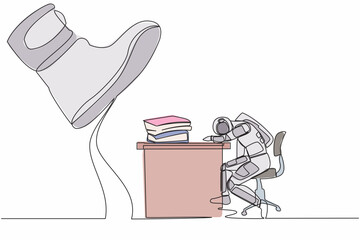 Poster - Single one line drawing young astronaut sleeping on pile of paper on desk under big foot stomp. Overworking, stress, overload. Cosmic galaxy space concept. Continuous line design vector illustration