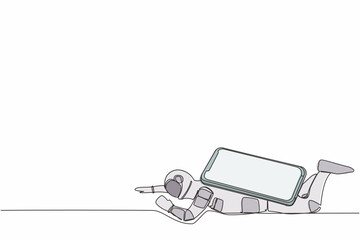 Poster - Single continuous line drawing young astronaut under heavy smartphone burden. Stressed due to overworked in spaceship industry. Cosmonaut deep space. One line draw design vector graphic illustration