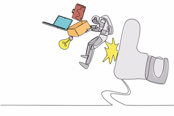 Poster - Continuous one line drawing of young astronaut kicked out of work with office supplies in moon surface. Scientist staff reduction. Cosmonaut outer space. Single line graphic design vector illustration