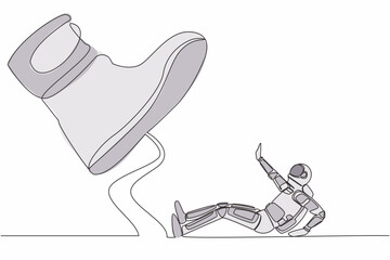 Poster - Single continuous line drawing of young astronaut under giant foot in moon surface. Big boss foot in shoe going to crush science. Cosmonaut deep space. One line draw design vector graphic illustration