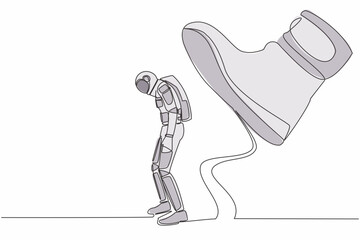 Poster - Single one line drawing young astronaut standing weak under huge boot shoe, being fired from company. Future science development. Cosmic galaxy space. Continuous line draw design vector illustration