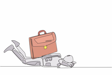 Poster - Continuous one line drawing young astronaut under heavy briefcase burden in moon surface. Pressure from too much responsibility. Cosmonaut outer space. Single line graphic design vector illustration