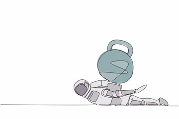 Poster - Single one line drawing young astronaut under heavy kettlebell burden. Debt explosion in spaceship company. Technology development. Cosmic galaxy space. Continuous line draw design vector illustration