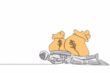 Poster - Single continuous line drawing young astronaut under heavy money bag burden. Financial crisis in spaceship industry due to pandemic. Cosmonaut deep space. One line design vector graphic illustration