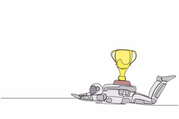 Poster - Single continuous line drawing young astronaut under heavy trophy burden. Spaceman fail to achieve expedition goal. Delayed operation. Cosmonaut deep space. One line design vector graphic illustration
