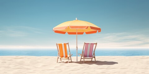 Wall Mural - Beach umbrella with chairs on beach sand. summer vacation concept. 3d rendering, Generative AI 