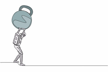 Poster - single one line drawing of young astronaut carrying heavy kettlebell on his back. financial crisis a