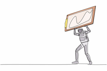 Poster - Continuous one line drawing of young astronaut carrying heavy clipboard on his back. Spaceman with checklist space tasks document. Cosmonaut outer space. Single line graphic design vector illustration