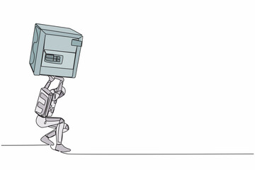 Poster - Single one line drawing young astronaut carrying heavy safe deposit box on his back. Impact in pandemic crisis at space industry. Cosmic galaxy space. Continuous line draw design vector illustration