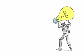 Poster - Continuous one line drawing of young astronaut carrying heavy light bulb on his back. Losing idea or vision in spaceship company. Cosmonaut outer space. Single line graphic design vector illustration