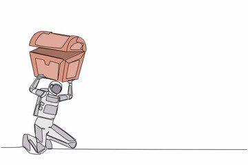 Poster - Single one line drawing young astronaut carrying heavy treasure chest on his back. Trouble searching for treasure in outer space. Cosmic galaxy space. Continuous line draw design vector illustration