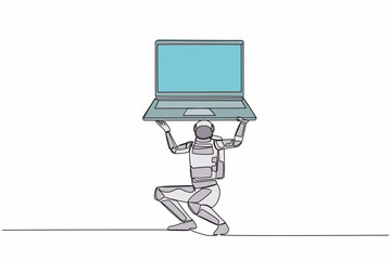 Poster - Single continuous line drawing astronaut carrying heavy laptop computer on his back. Fatigue or burnout work at space industry. Cosmonaut deep space. One line draw design vector graphic illustration