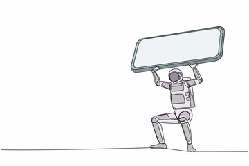 Poster - Single one line drawing young astronaut carrying heavy smartphone on his back. Frustration due to overworked in space industry. Cosmic galaxy space. Continuous line design graphic vector illustration