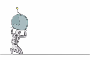 Poster - single continuous line drawing astronaut carrying heavy bomb on his back. spaceship company in debt 
