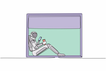 Fototapete - Continuous one line drawing astronaut sitting on windowsill with smartphone coffee in moon surface. Comfortable relax time with hot drink. Cosmonaut outer space. Single line design vector illustration