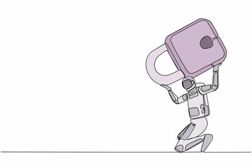 Poster - Single continuous line drawing astronaut carrying heavy padlock on his back. Space industry bankruptcy due to Covid-19 pandemic. Cosmonaut deep space. One line draw design vector graphic illustration