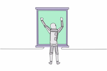Poster - Single one line drawing back view relaxed young astronaut stretching arms in window. Good morning in moon surface. Cosmic galaxy space concept. Continuous line draw graphic design vector illustration